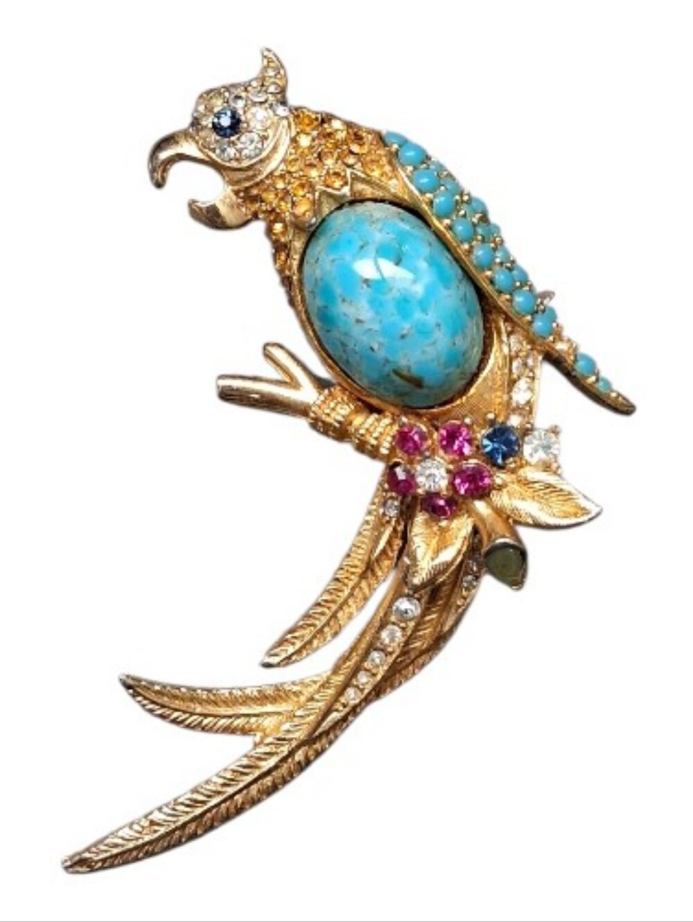 Vintage 1970s Parrot Brooch Goldtone With Rhinestones & Turquoise